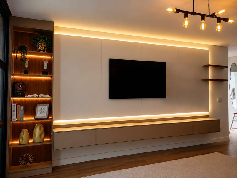 Painel de TV off-white com fita de LED em todo o contorno, rack suspenso e estante lateral amadeirada com nichos iluminados